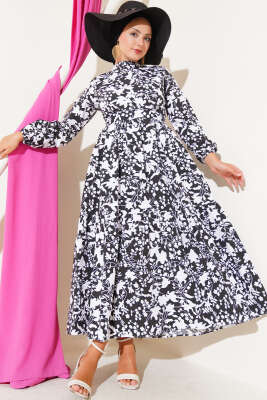 Kuşaklı Etnik Desen Elbise Siyah - Tesettür Elbise