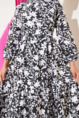 Kuşaklı Etnik Desen Elbise Siyah - Tesettür Elbise