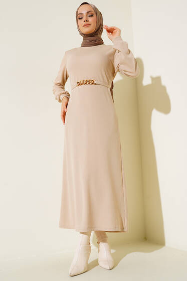 Kuşaklı Fitilli Elbise Bej - Tesettür Elbise