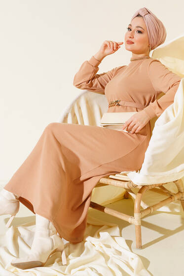 Kuşaklı Fitilli Elbise Camel - Tesettür Elbise