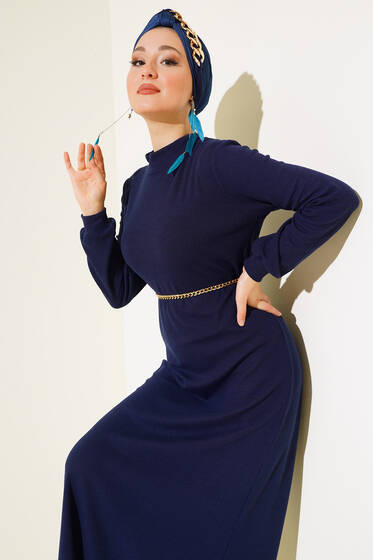 Kuşaklı Fitilli Elbise Lacivert - Tesettür Elbise