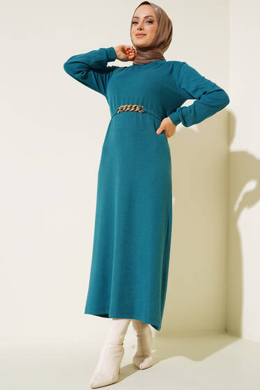 Kuşaklı Fitilli Elbise Petrol - Tesettür Elbise
