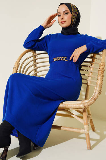 Kuşaklı Fitilli Elbise Saks - Tesettür Elbise