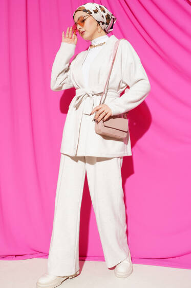 Kuşaklı Fitilli Kaşe Kimono İkili Takım Bej - İkili Takım