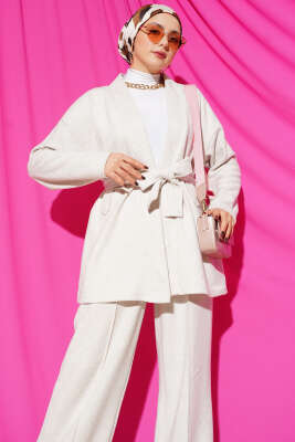 Kuşaklı Fitilli Kaşe Kimono İkili Takım Bej - İkili Takım