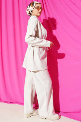 Kuşaklı Fitilli Kaşe Kimono İkili Takım Bej - İkili Takım