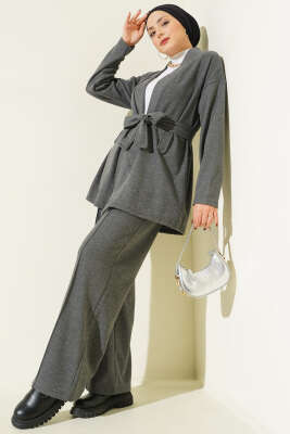 Kuşaklı Fitilli Kaşe Kimono İkili Takım Füme - MODA MERSİ