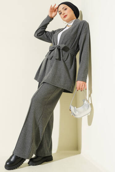 Kuşaklı Fitilli Kaşe Kimono İkili Takım Füme - İkili Takım