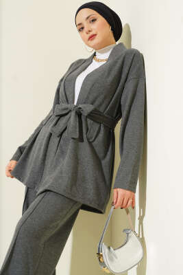 Kuşaklı Fitilli Kaşe Kimono İkili Takım Füme - İkili Takım