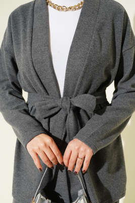 Kuşaklı Fitilli Kaşe Kimono İkili Takım Füme - İkili Takım