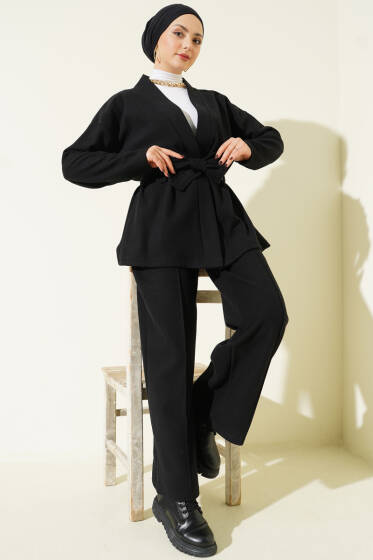 Kuşaklı Fitilli Kaşe Kimono İkili Takım Siyah - İkili Takım