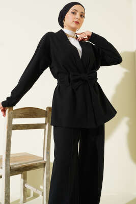 Kuşaklı Fitilli Kaşe Kimono İkili Takım Siyah - İkili Takım