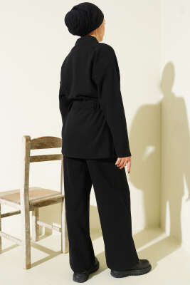 Kuşaklı Fitilli Kaşe Kimono İkili Takım Siyah - İkili Takım