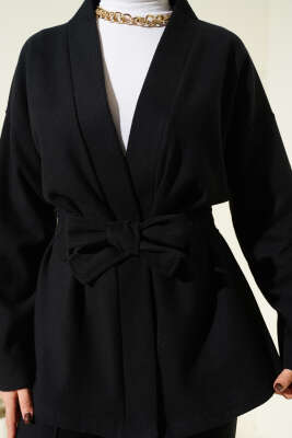 Kuşaklı Fitilli Kaşe Kimono İkili Takım Siyah - İkili Takım