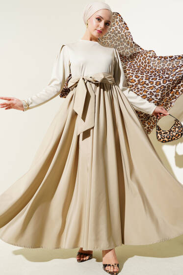 Kuşaklı Garnili Mevlana Elbise Bej - Elbise