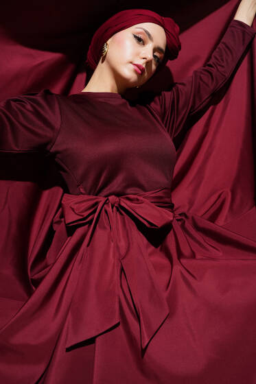 Kuşaklı Garnili Mevlana Elbise Bordo - Elbise