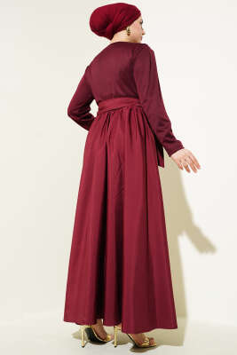Kuşaklı Garnili Mevlana Elbise Bordo - Tesettür Elbise