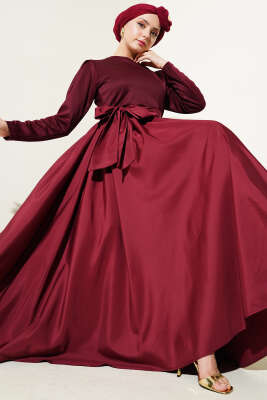Kuşaklı Garnili Mevlana Elbise Bordo - Tesettür Elbise