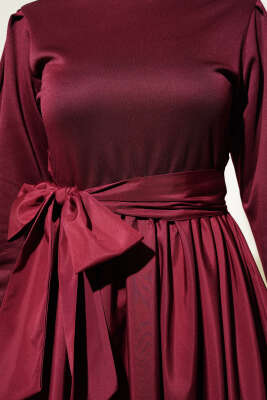 Kuşaklı Garnili Mevlana Elbise Bordo - Tesettür Elbise