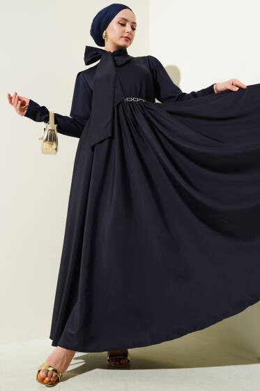 Kuşaklı Garnili Mevlana Elbise Lacivert - Elbise