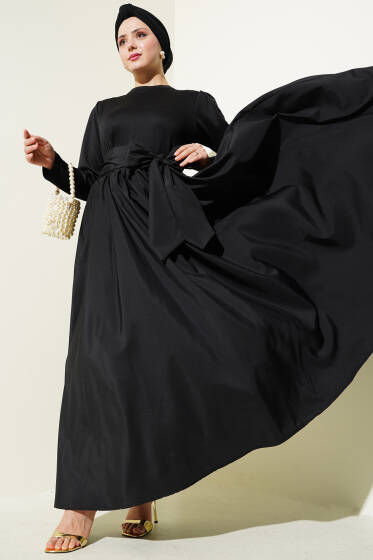Kuşaklı Garnili Mevlana Elbise Siyah - Elbise