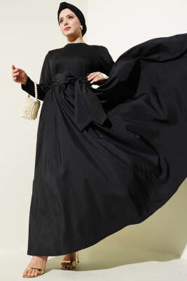 Kuşaklı Garnili Mevlana Elbise Siyah - Tesettür Elbise