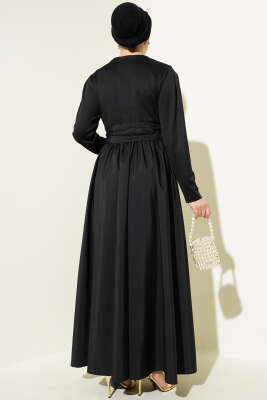 Kuşaklı Garnili Mevlana Elbise Siyah - Tesettür Elbise
