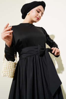 Kuşaklı Garnili Mevlana Elbise Siyah - Tesettür Elbise