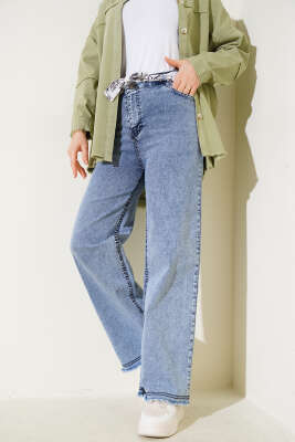 Kuşaklı Geniş Paça Kot Pantolon Açık Kar - 500-700 TL Ürünler