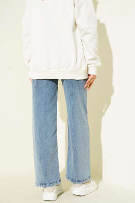 Kuşaklı Geniş Paça Kot Pantolon Açık Kar - Pantolon