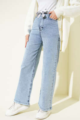 Kuşaklı Geniş Paça Kot Pantolon Açık Kot - Pantolon