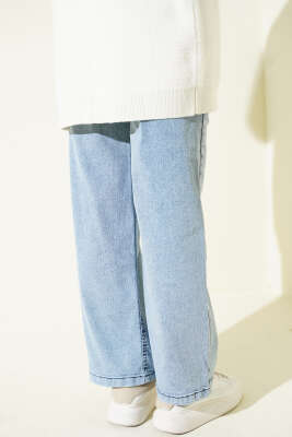 Kuşaklı Geniş Paça Kot Pantolon Açık Kot - Pantolon