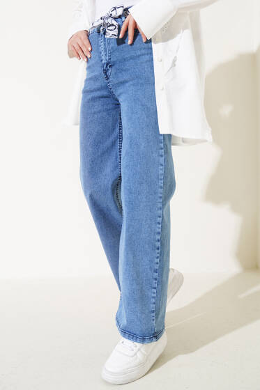 Kuşaklı Geniş Paça Kot Pantolon Kot Mavisi - Pantolon