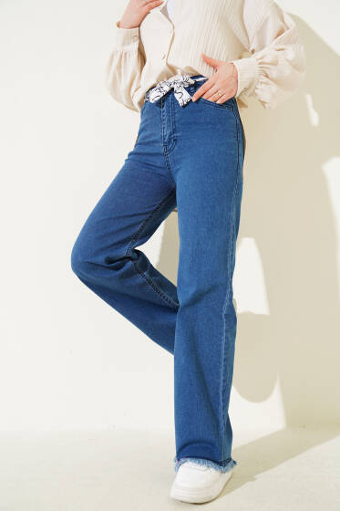 Kuşaklı Geniş Paça Kot Pantolon Kot - Pantolon