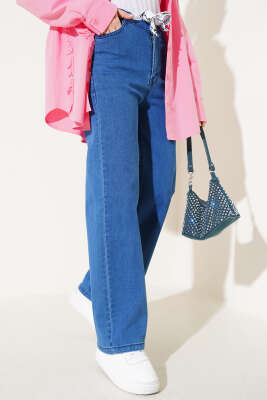 Kuşaklı Geniş Paça Kot Pantolon Mavi - 500-700 TL Ürünler
