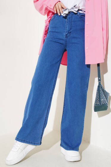 Kuşaklı Geniş Paça Kot Pantolon Mavi - Pantolon