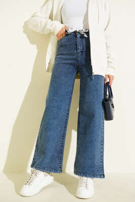 Kuşaklı Geniş Paça Kot Pantolon Orta Mavi - Pantolon