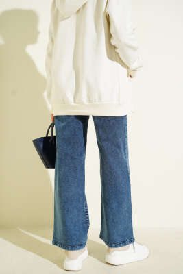 Kuşaklı Geniş Paça Kot Pantolon Orta Mavi - Pantolon