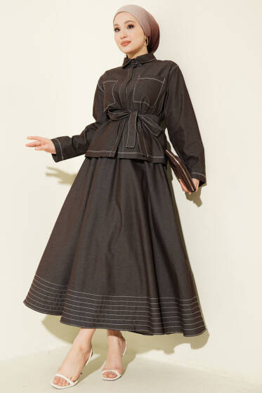 Kuşaklı Göğüs Cepli Kot Etekli Takım Acı Kahve - İkili Takım