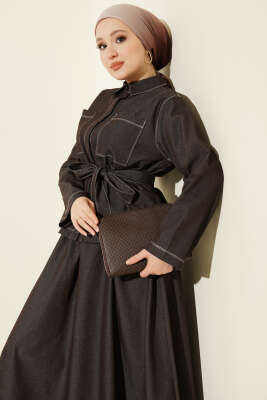 Kuşaklı Göğüs Cepli Kot Etekli Takım Acı Kahve - İkili Takım