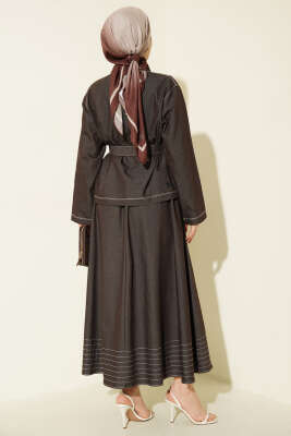 Kuşaklı Göğüs Cepli Kot Etekli Takım Acı Kahve - İkili Takım