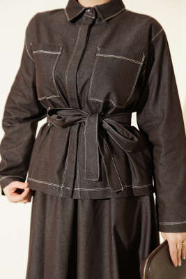 Kuşaklı Göğüs Cepli Kot Etekli Takım Acı Kahve - İkili Takım