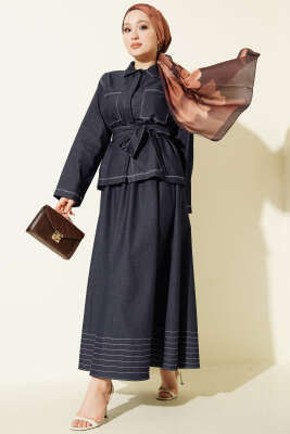 Kuşaklı Göğüs Cepli Kot Etekli Takım Lacivert - DUFON