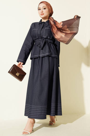 Kuşaklı Göğüs Cepli Kot Etekli Takım Lacivert - İkili Takım