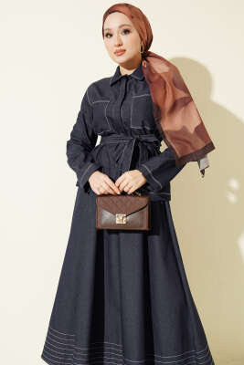 Kuşaklı Göğüs Cepli Kot Etekli Takım Lacivert - İkili Takım