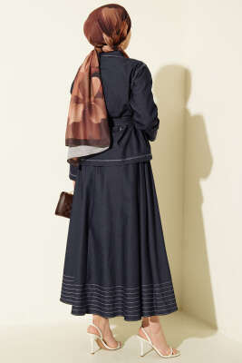 Kuşaklı Göğüs Cepli Kot Etekli Takım Lacivert - İkili Takım