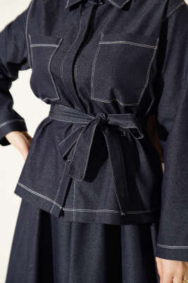 Kuşaklı Göğüs Cepli Kot Etekli Takım Lacivert - İkili Takım