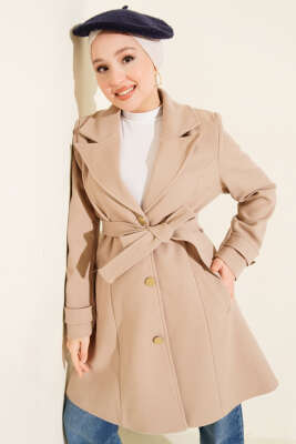 Kuşaklı Gold Düğmeli Kaşe Kaban Bej - BERAT TEKSTİL