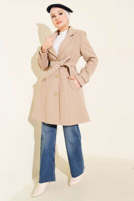 Kuşaklı Gold Düğmeli Kaşe Kaban Bej - Kaban