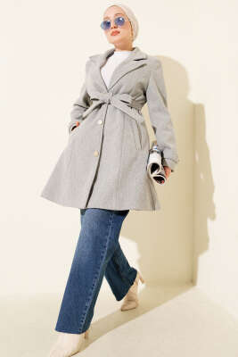 Kuşaklı Gold Düğmeli Kaşe Kaban Gri - Kaban